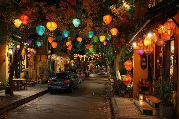 Street decorated with rows of glowing lantern