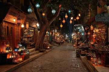 Street market decorated with colorful lantern
