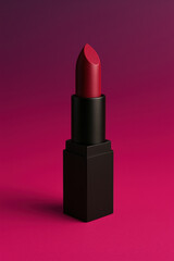 Elegant red lipstick tube standing against vibrant pink background showcasing bold fashion and feminine glamour style with modern cosmetic beauty makeup concept and classic luxury accessory appeal