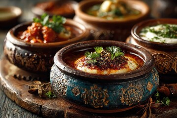 Traditional clay bowls with Ramadan dishes