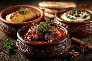 Traditional clay bowls with Ramadan dishes