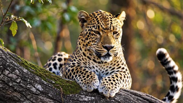 Majestic wild leopard with beautiful fur resting on a tree branch in its natural habitat, looking around alertly and blinking in the warm sunlight of the african savanna, surrounded by green leaves