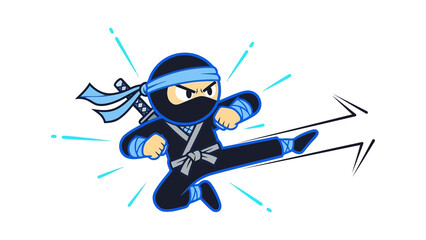 Cute cartoon ninja character performing a dynamic flying kick with energy trails