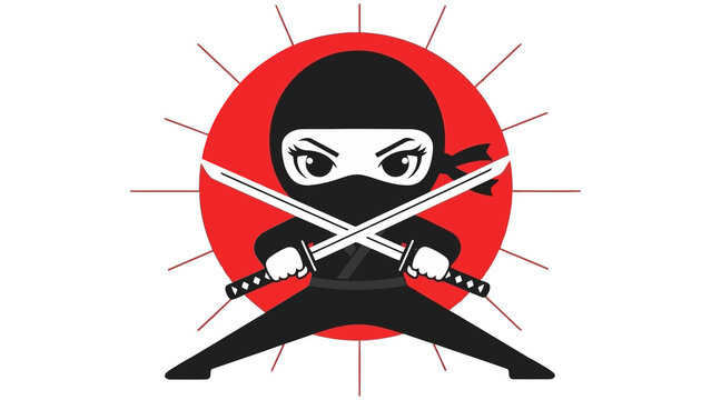 Cute cartoon female ninja warrior with crossed swords and red sun background