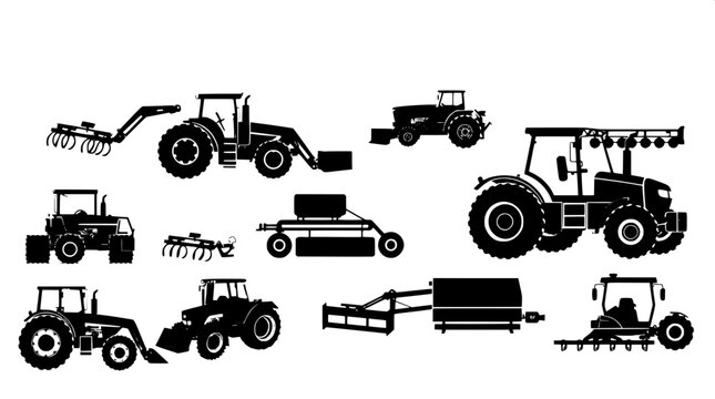 Minimal vector graphics of agriculture machinery, featuring flat black shapes with sharp lines and clean edges, resembling professional clipart, set against a crisp white background, designed as scala