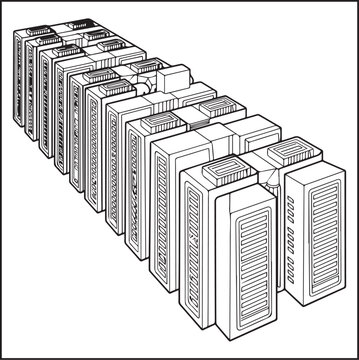 Architecture coloring page for kids and adults, black and white futuristic data center building similar to a long blocky server farm sketch line art vector illustration