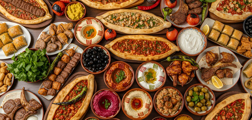 Assorted Middle Eastern cuisine displayed from above with kebabs, lamb chops, flat bread, hummus, yogurt, vegetables, and spreads, styled for communal meals and restaurant presentation.