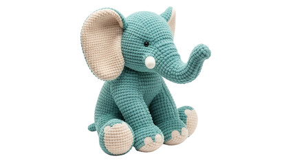 Adorable turquoise crochet elephant toy isolated PNG, handmade stuffed animal for kids and nursery decor on transparent background © Hughes