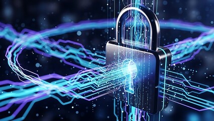 Secure digital padlock with glowing blue circuit lines and keyhole