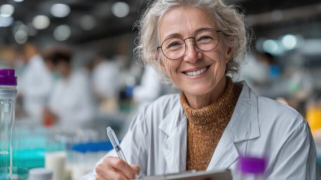 Senior Female Lab Scientist Smiling While Testing Milk Samples