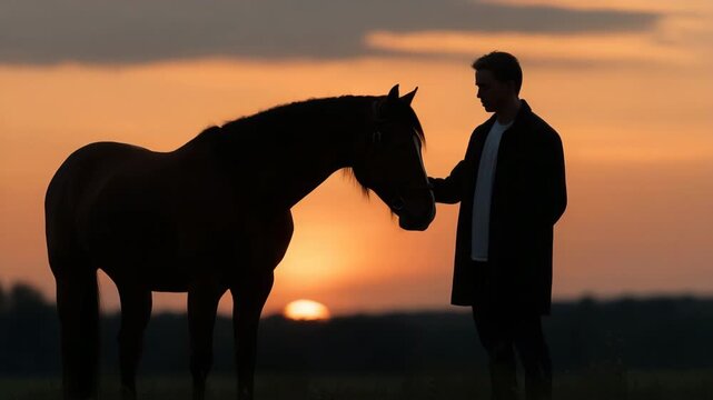 Silhouette of young caucasian male bonding with horse at sunset