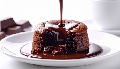 Decadent Molten Chocolate Lava Cake Drizzled with Rich Sauce on a White Plate, Ready to Serve