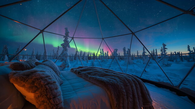 Cozy bedroom inside a glass igloo with a view of the Aurora Borealis and snowy winter landscape at night