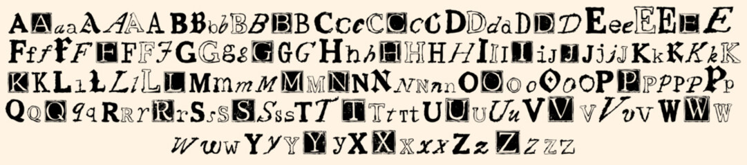 Doodle alphabet set, vector hand drawn grunge different letters, print letterpress font scribble ABC. Vintage anonymous typeface message, dark calligraphy antique text. Doodle alphabet element icon © Oleksandra