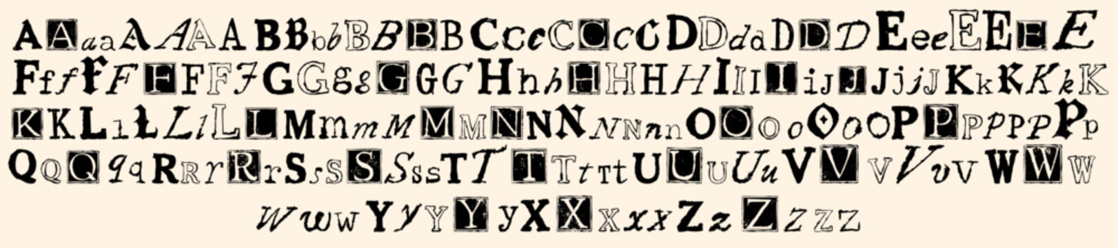 Doodle alphabet set, vector hand drawn grunge different letters, print letterpress font scribble ABC. Vintage anonymous typeface message, dark calligraphy antique text. Doodle alphabet element icon