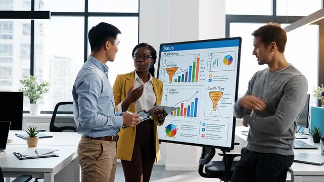 Multicultural group of business professionals discussing sales and marketing strategy using an interactive whiteboard with graphs and charts during a meeting in a modern, bright office