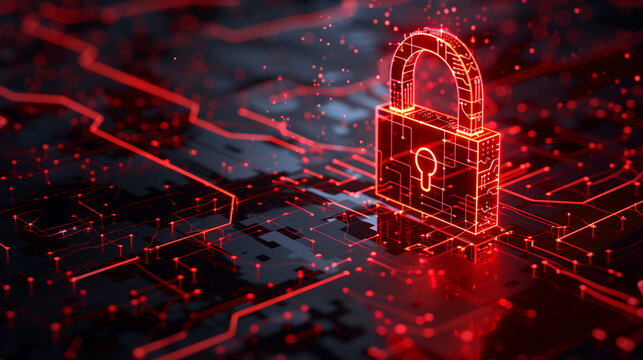Glowing red digital padlock icon on circuit board with data stream lines - Powered by Adobe