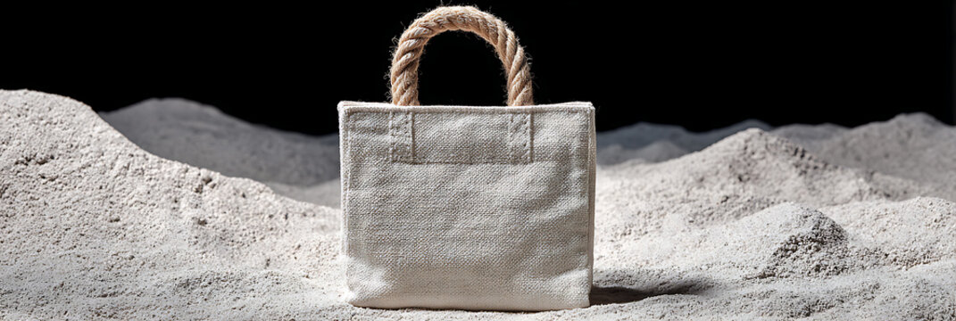 Sustainable fabric tote bag with rope handles, on textured moonscape against black void. Emphasizes eco-friendly fashion, minimalist design, and unique product display for modern brands.