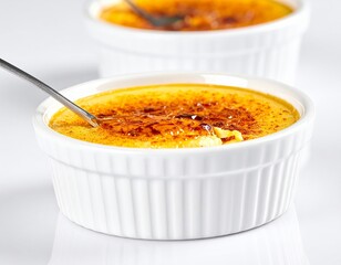 Crema Catalana served in white ramekins in a studio setting with a shiny spoon resting on the surface