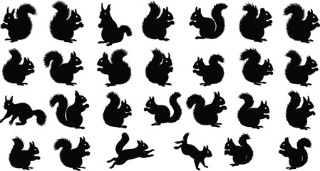 Squirrel silhouette, animal poses, black illustration, bushy tail, wildlife motion, nature grid, jumping squirrel, standing posture, artistic composition, forest creature, dynamic scene