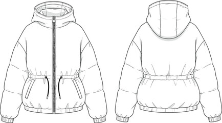 Hooded puffer jacket fashion sketch, quilted coat design, garment template, winter apparel illustration, stylish outerwear blueprint, flat vector illustration © MD Tariful islam