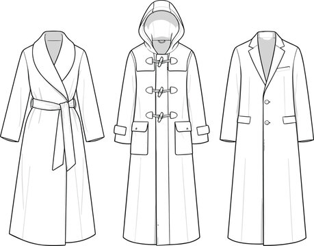 Fashion coat design sketch, wrap coat, duffle coat, tailored overcoat, winter outerwear, stylish clothing, garment construction, flat vector illustration