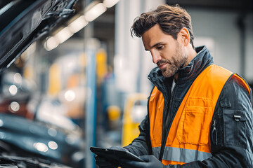Focused automotive technician using a tablet for car diagnostics and maintenance in a modern workshop — professional mechanic inspecting engine