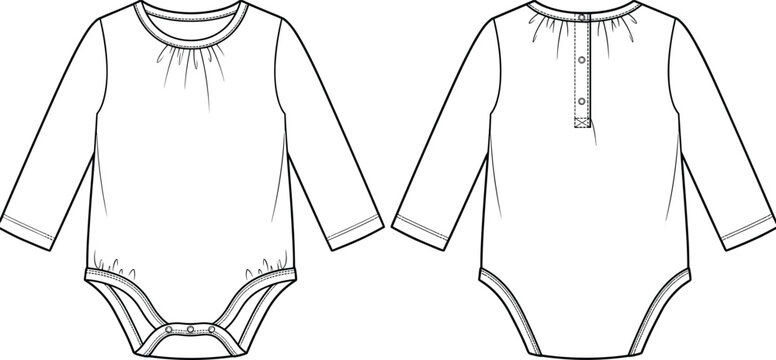 Baby onesie fashion sketch, garment template, clothing design, infant apparel illustration, technical flat drawing, stylish kidswear outline, flat vector illustration