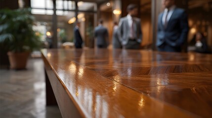 A polished wooden table with a detailed pattern reflects light with blurred figures of professionals in suits in the background