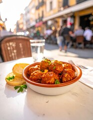 Firefly Spanish meatballs Albondigas served on a terrace with a clear view of street tapas dining and people enjoying lunch on a sunny day