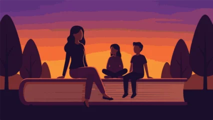 Fototapete Warmes Lila Family enjoying reading outdoors at sunset, sitting on a giant book illustration  © ObStock