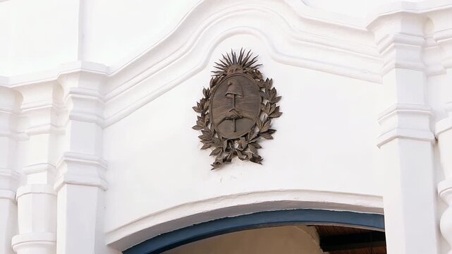 Argentine Shield on Historic Building Entrance, Tucuman, Argentina - 4K