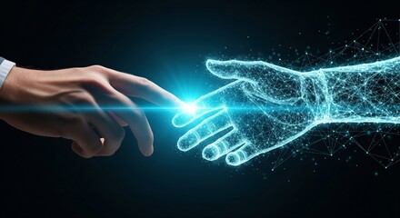 Human finger reaching out to touch a glowing digital robotic hand with neural network, artificial intelligence and future technology connection concept