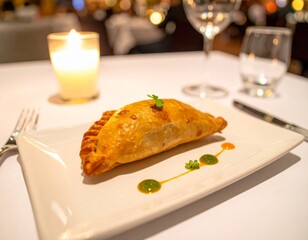 Firefly Galician Empanada served on a fine dining table with soft lighting and elegant tableware in a Spanish restaurant