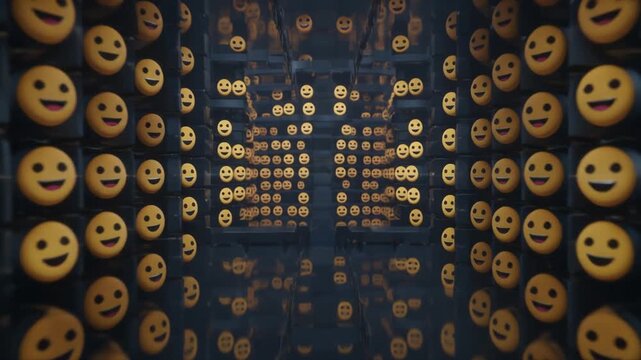 A mesmerizing array of neon-lit emoticon faces floating in a dark, abstract digital space, forming a tunnel-like effect video