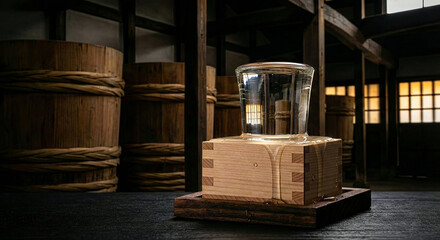 Traditional Japanese Sake Overflowing from Glass into Wooden Masu Box at Rustic Brewery