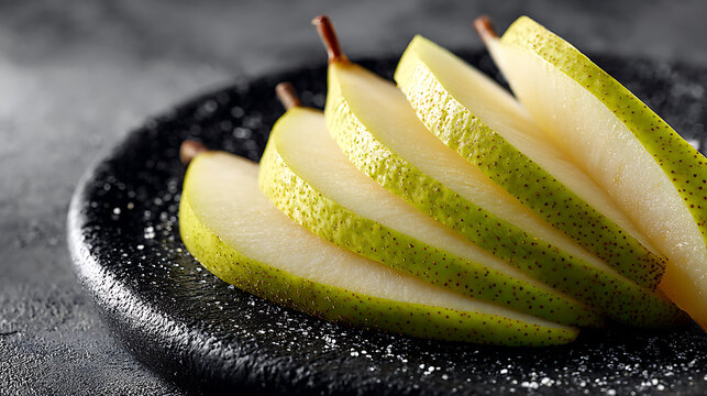 Sliced fresh green pear fruit on a dark black plate with salt or sugar crystals, close-up shot of juicy organic pears for healthy diet and gourmet cooking.