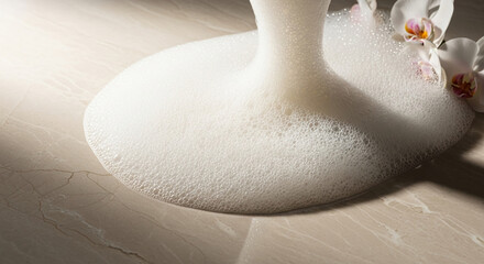 Close-up of white soapy foam and orchid flower on marble surface, showing cleanliness and relaxation, suitable for spa or beauty concept