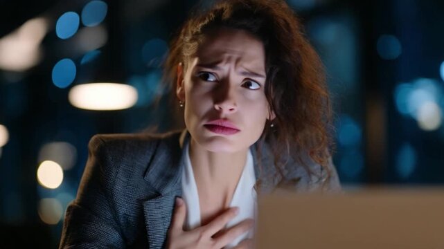 Anxious Concern: A woman's overwhelmed expression betrays stress as she works late into the night. It's a poignant depiction of modern life's pressures.