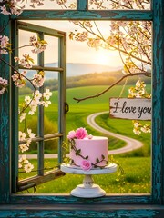 Pastel Pink Floral Cake Displayed in Rustic Window Garden Setting with I Love You Sign