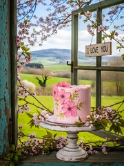 A charming pastel pink cake decorated with bright pink flowers sits on a rustic pedestal near a paneled window, framed by blooming branches and a countryside view, with an 'I Love You' sign 