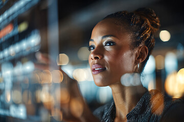 Professional woman using a transparent digital interface in a modern office — data visualization, innovation and focused leadership in technology
