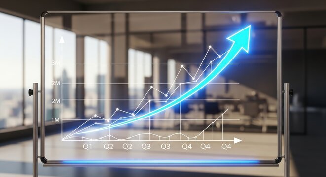 Glowing digital financial progress chart displays upward trend on transparent board in modern office setting - Powered by Adobe