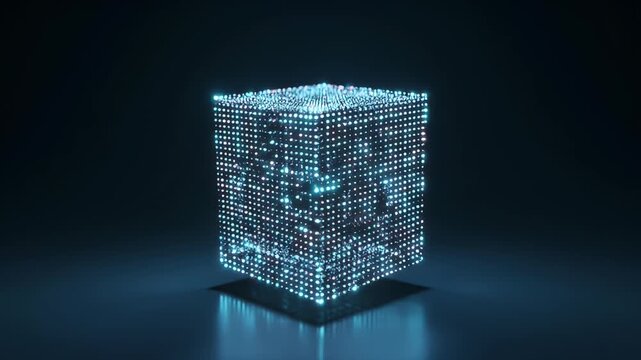 A glowing blue digital cube composed of numerous small lights, representing data and technology on a dark background.