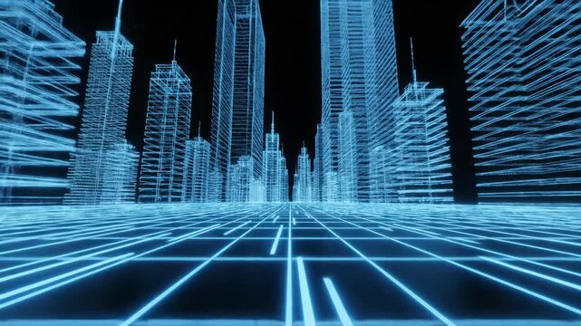 Abstract neon cityscape wireframe visualization with glowing blue lines