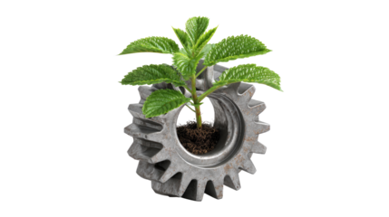 Sustainable concept of green plant growing inside metal gear symbolizing eco industry, green innovation, renewable technology, and environmental growth