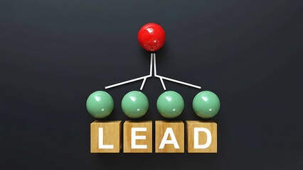 Conceptual 3D graphic of a single red sphere representing leadership, connected by white lines to four green spheres atop wooden blocks spelling LEAD.
