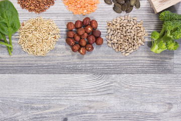 Healthy ingredients containing vitamin B6 and minerals. Nutritious eating. Place for text or inscription