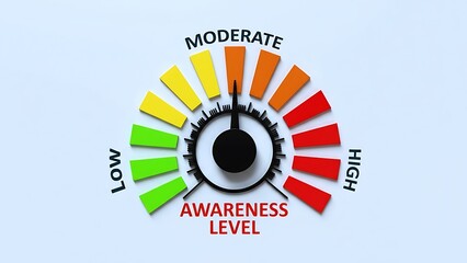 3D rendering of a risk assessment gauge showing moderate awareness level with green, yellow, orange, and red indicators on a clean white background.