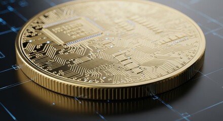 Shiny golden digital currency coin rests upon a dark surface with illuminated electronic patterns